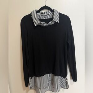 Adrianna Papell Black Layered Look Twofer Sweater Striped Hem Size M